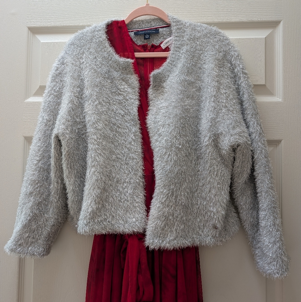 Tommy Hilfiger Silver Tinsel Fluffy Christmas Holiday Sweater Cardigan XL